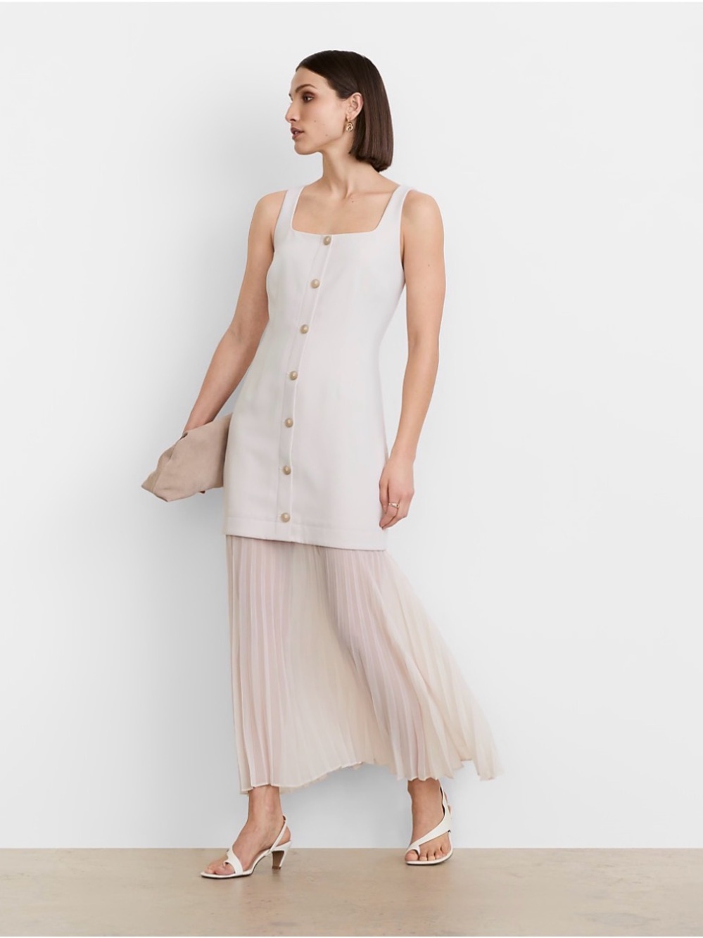 Loft Versa Crepe Sleeveless Button-Front Dress with Pleated Skirt - Soft Beige